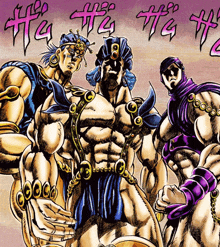 a cartoon drawing of three muscular men with the letters tg written on the bottom