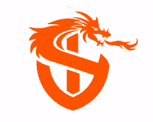 an orange dragon with a letter s behind it on a white background