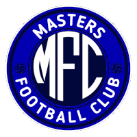 the logo for the masters football club is blue and white