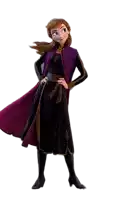 anna from the movie frozen is wearing a black dress and a purple cape