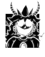 a black and white drawing of a monster with horns and a smile