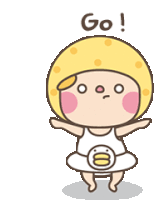 a cartoon of a baby wearing a yellow hat and a white dress says go