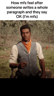 a man in a vest and bandana is smoking a cigarette in a field with trees in the background .