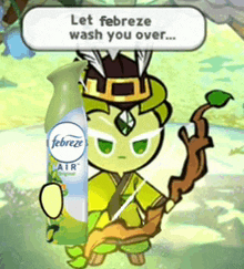 a cartoon character holding a bottle of febreeze air