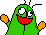 a pixel art illustration of a green monster with a red mouth and orange paws .