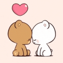 a couple of teddy bears kissing under a heart .