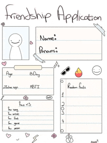 a friendship application with a picture of a person , name , pronouns , age , and random facts