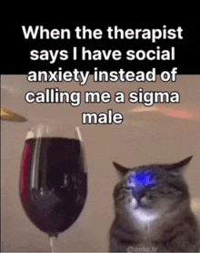 a cat is sitting in front of a glass of wine and says when the therapist says i have social anxiety instead