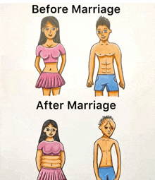 a drawing of a man and woman before and after marriage