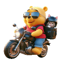 a winnie the pooh bear is riding a motorcycle with a cat in his backpack