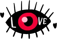 a black eye with a red circle in the middle and the word love written on it