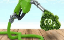 a green gas pump with a green hose attached to it and a green tree made of green leaves .