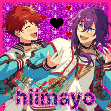 a couple of anime characters are standing next to each other on a purple background with the word himayo on it