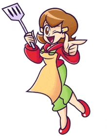 a cartoon woman in an apron is holding a spatula and pointing