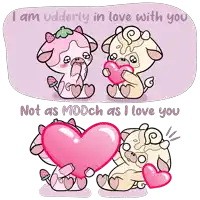 a cartoon of two cows holding hearts with the words " i am udderly in love with you " above them