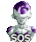 a pixel art of a purple and white robot with the word sos written on his chest .