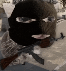 a cat wearing a ski mask holding a gun