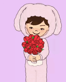 a child in a bunny costume is holding a bouquet of roses