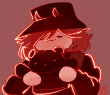 a drawing of a person holding a teddy bear with a hat that says aa on it