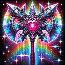 a colorful axe with a heart in the middle and a rainbow background