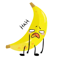 a cartoon drawing of a banana with a sad face and the word hah written on it