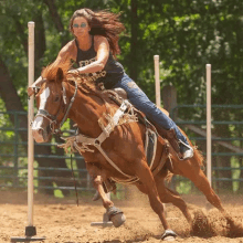 a woman riding a horse wearing a shirt that says free rider