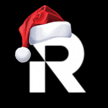 a white letter r with a red santa hat on it