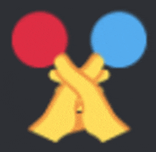 two hands crossed holding a red and a blue ball