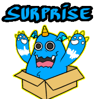 a cartoon of a blue monster in a cardboard box with the word surprise above it