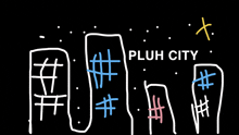 a drawing of a city with the words " pluh city " at the top