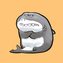 a cartoon drawing of a shark with its arms crossed on an orange background