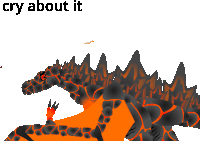 a drawing of an orange and black dragon with the words cry about it above it