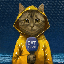 a cat is wearing a yellow raincoat and holding a microphone that says cat news