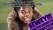 a woman wearing a fur coat with the word sewey on it