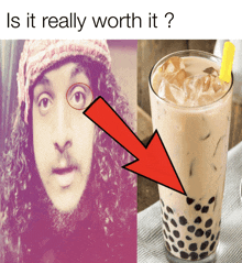 a picture of a man 's face next to a picture of a bubble tea drink