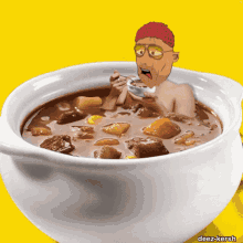 a cartoon of a man in a bowl of soup with the words deez-kersh below it