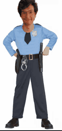 a man dressed as a police officer with his hands on his hips and a badge on his chest