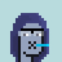 it looks like a pixel art of a gorilla with glasses and a blue stripe in his mouth .