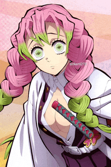 a girl with pink hair and green eyes is holding a sword in her right hand