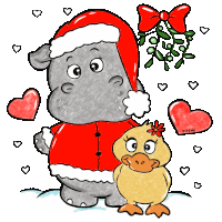 a cartoon drawing of a hippo wearing a santa hat and a duck under mistletoe