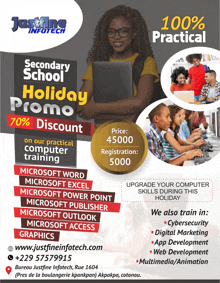 an advertisement for secondary school holiday promo with a woman holding a laptop