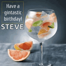 a birthday card for steve shows a glass of gin