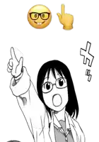 a black and white drawing of a girl wearing glasses pointing up at an emoji