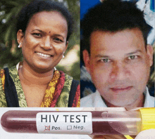 a woman and a man are smiling next to a hiv test