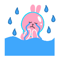 a pink bunny is crying in the water with tears coming out of its eyes