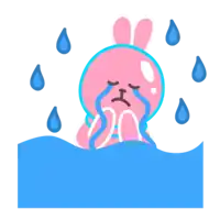 a pink bunny is crying in the water with tears coming out of its eyes