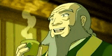 a cartoon man with a beard is drinking from a green cup .