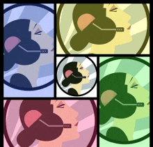 a woman wearing a headset is shown in a collage of four different colors