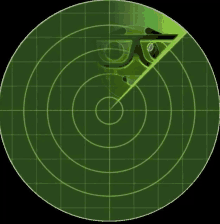 a green radar screen shows a circle with the letter o on it