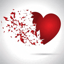 a broken red heart with pieces of it flying out of it